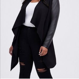 Black Ponte and Faux Leather Drape Front KIMONO